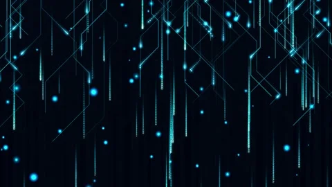 Futuristic cyber circuit board background, cyan glowing matrix code rain Video stock 342573631