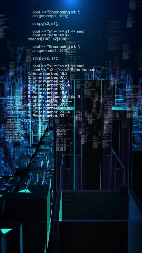 Futuristic Cyber City with Programming Code and Digital Data Video stock 342611756