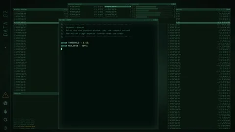 Futuristic cyber developer terminal HUD UI with animated code and data graphs 库存影片 347354571