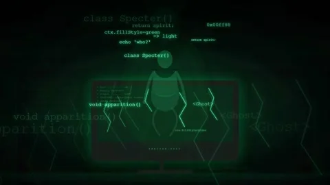 Futuristic Cyber Ghost Hologram Emerging From Computer Screen with Code 動画素材 341453235