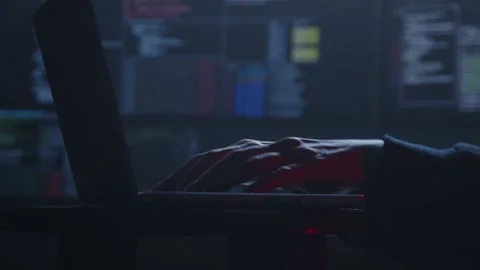 Futuristic Cyber Hands Rapidly Typing on a Laptop Within a Dark Environment Stock Footage 281759496