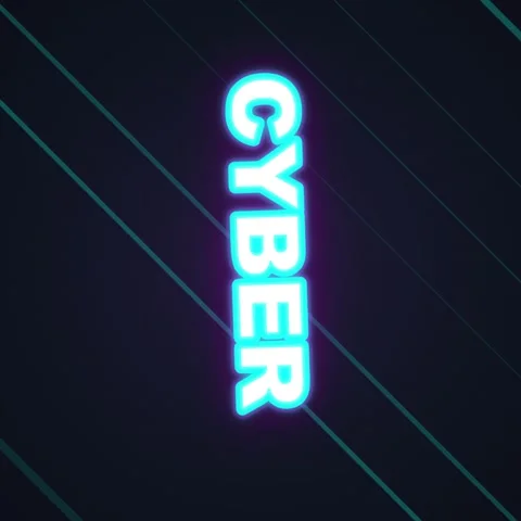 Futuristic Cyber Neon Text Glows on Dark Diagonal Lines Background Stock Footage 348230179