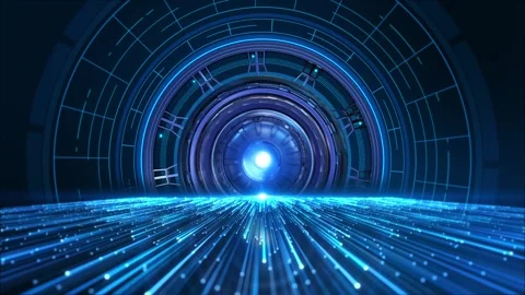 Futuristic Cyber Network Tunnel with Fast Fiber Data Transfer and Glowing Interf 스톡 동영상 342625839