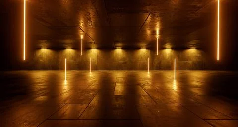 Futuristic Cyber Sci Fi Lasers Glowing Vibrant Yellow Light Warehouse Cemen.. Illustrazione stock