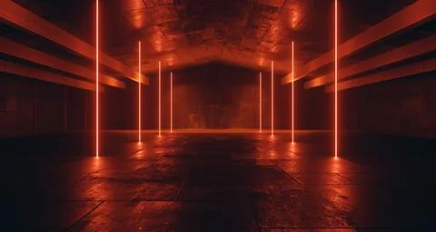 Futuristic Cyber Sci Fi Lasers Glowing Vibrant Red Light Warehouse Cement C.. Illustrazione stock