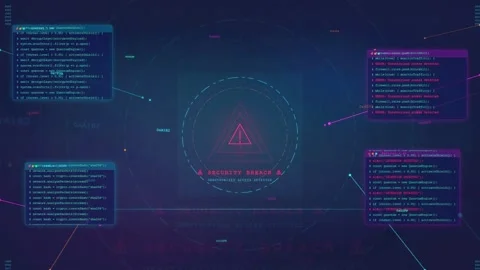 Futuristic Cyber Security Breach Alert with Hacking Code and Warning Symbols Stock Footage 341073680