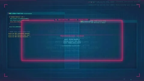 Futuristic Cyber Security Breach Alert Interface with Digital Code and Network Stock Footage 341073959
