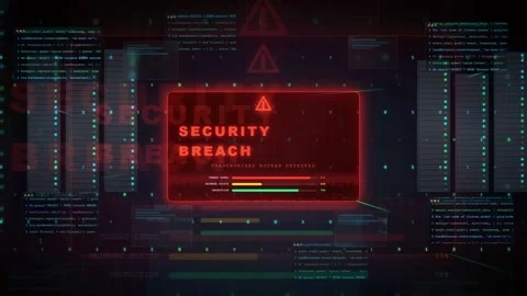 Futuristic Cyber Security Breach Alert Warning on Digital HUD Interface with Stock Footage 341074133