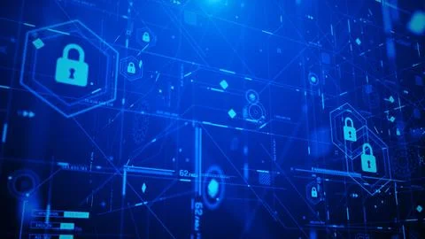 Futuristic Cyber Security HUD Interface with Digital Lock System Stock Photos