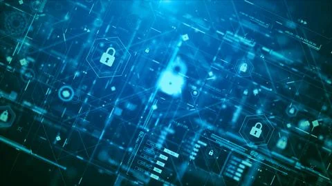Futuristic Cyber Security HUD Interface with Digital Lock System Stock Photos