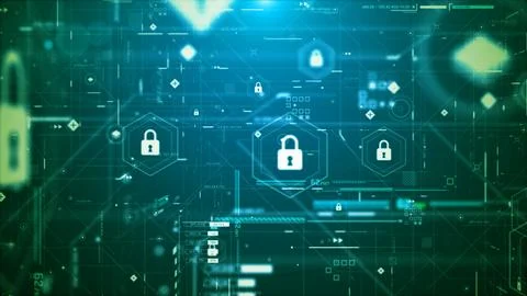 Futuristic Cyber Security HUD Interface with Digital Lock System Stock Photos