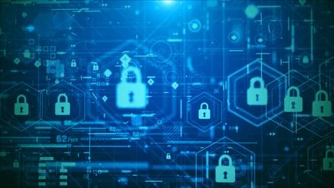 Futuristic Cyber Security HUD Interface with Digital Lock System Stock Photos