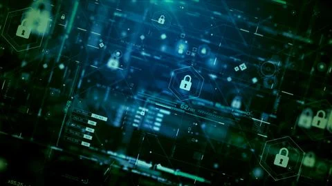 Futuristic Cyber Security HUD Interface with Digital Lock System Stock Photos