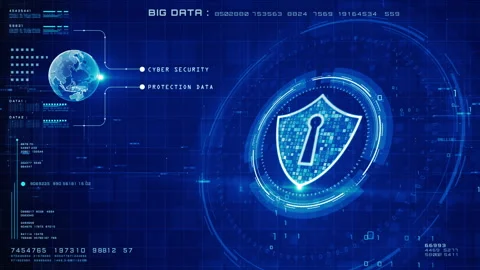 Futuristic cyber security interface with digital shield, binary code, Video stock 320031174