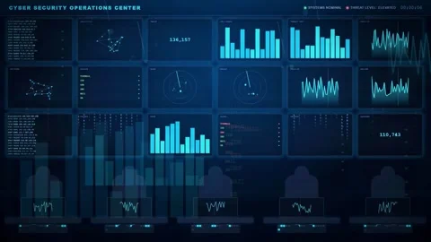 Futuristic Cyber Security Operations Center Interface with Digital Data Stock Footage 343169049