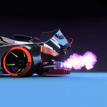 Futuristic Cyber Styling Car Makes Purple Exhaust Flames. Illustrazione stock