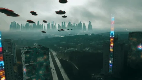 Futuristic cyberpunk city with mockup sci fi advertisments and flying cars Stock Footage 150278655