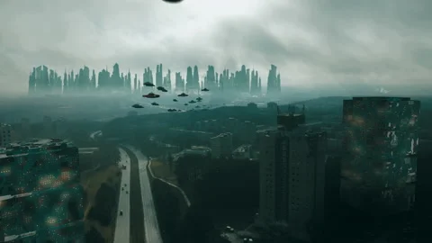 Futuristic cyberpunk city with sci fi  flying cars Stock Footage