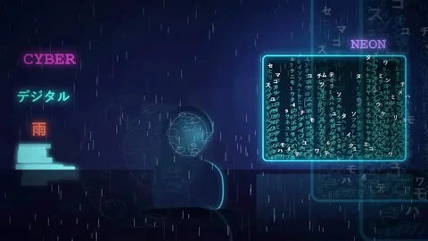 Futuristic Cyberpunk Digital Interface with Scrolling Data and Neon Text on Stock Footage 343158466