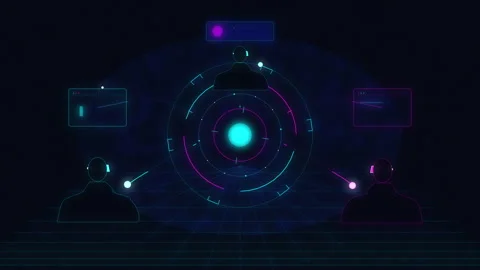 Futuristic cyberpunk HUD interface with glowing circles and digital data nodes Video stock 347202178