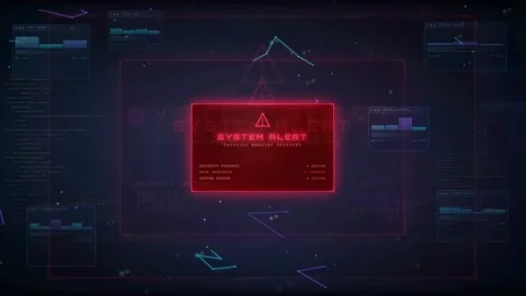 Futuristic Cyberpunk HUD Interface with System Alert Warning and Data Dashboard Stock Footage 341069652