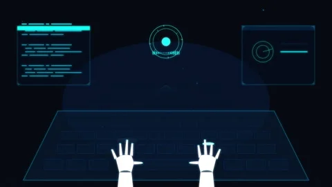 Futuristic cyberpunk interface typing animation with futuristic keyboard Stock Footage 347246056