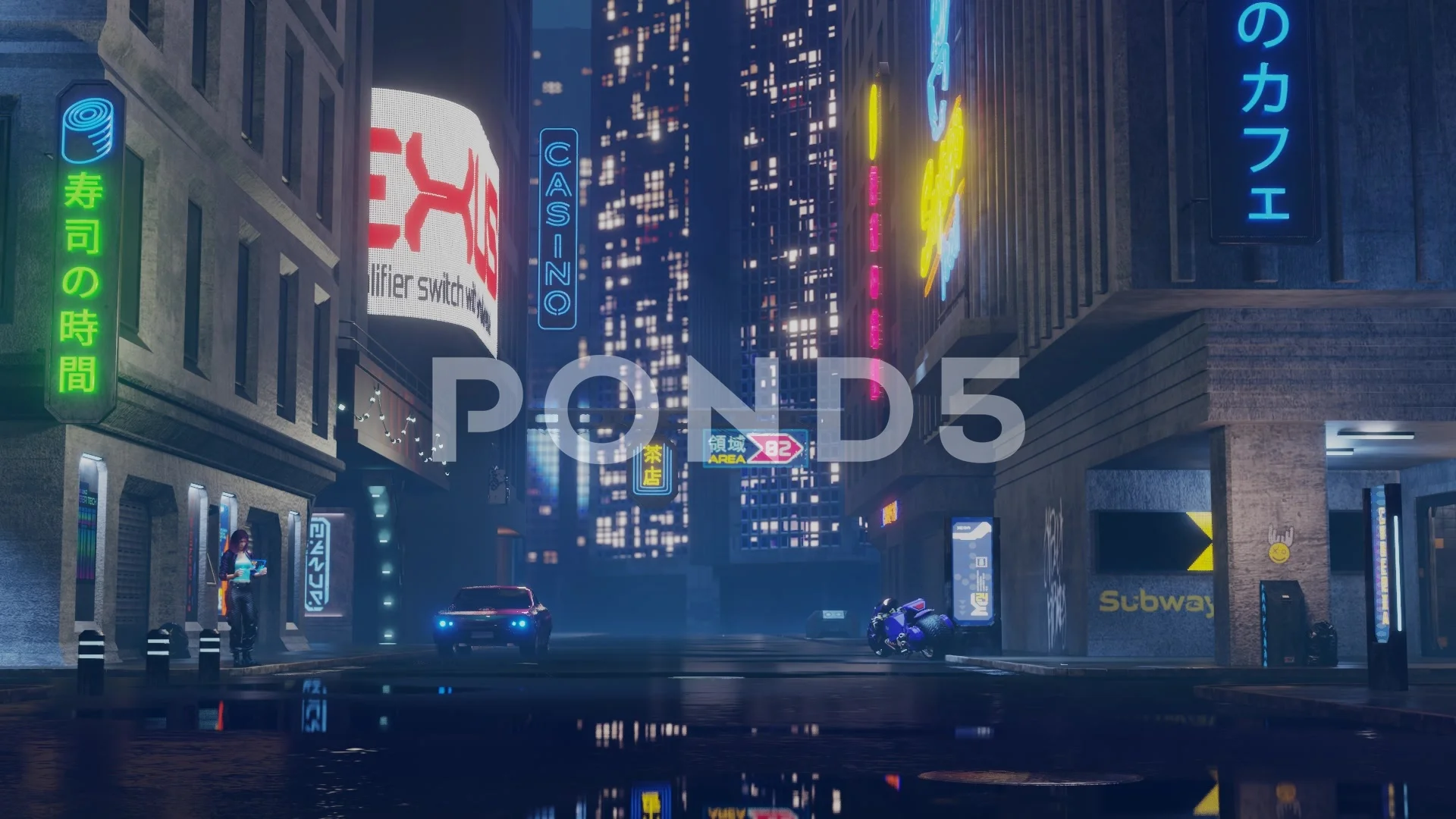 Beautiful Cyberpunk Cityscape, Glitchy Animation style