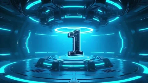 Futuristic Cyberpunk Number 5 Countdown Display in Neon Blue Room Stock Footage 320673262