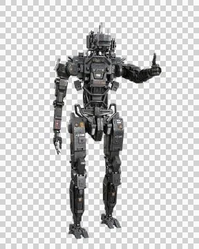 Futuristic cyberpunk robot droid making thumbs up sign. 3D rendering isolated Stock Illustration