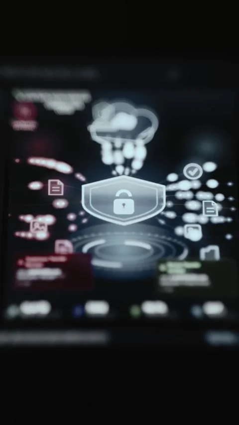 Futuristic Cybersecurity Control Center With Digital Lock And Threat Data 4K Stockbeeldmateriaal 341853681