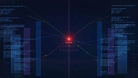 Futuristic Cybersecurity Hazard Alert Interface with Programming Code and Data Video stock 341072924