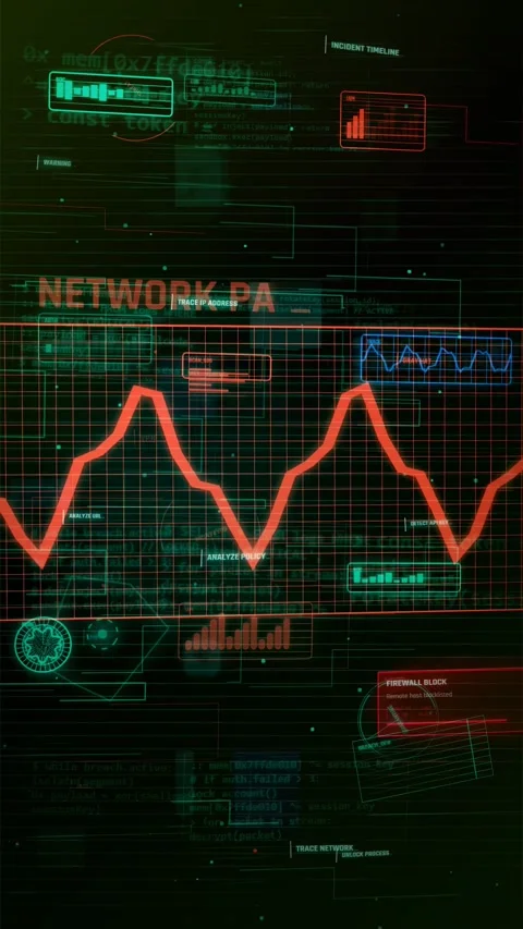 Futuristic Cybersecurity HUD Interface with Network Data Analysis Stock Footage 335564167