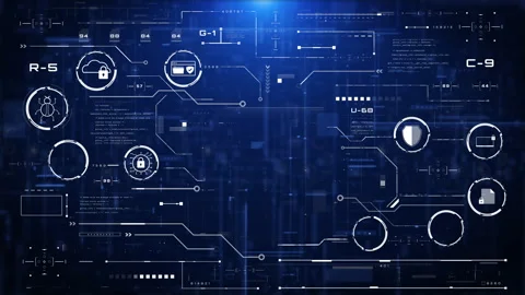 Futuristic Cybersecurity Interface with Digital Icons of Protection 4K motion Stock Footage 314979951