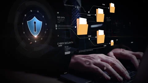 Futuristic cybersecurity interface with hands on keyboard, digital file Stock Footage 325685037