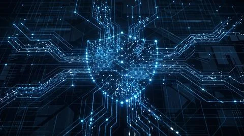 Futuristic Cybersecurity Network with Glowing Central Data Hub Stock Illustration