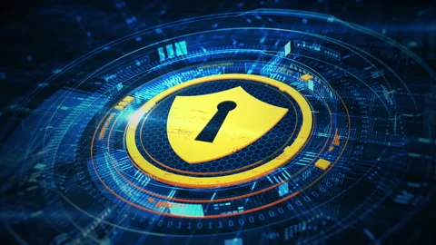 Futuristic cybersecurity shield icon with a keyhole, displayed on a blue Stock Footage 289800173