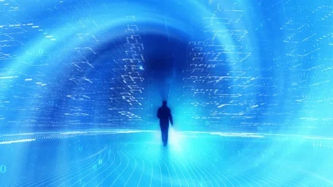 Futuristic cyberspace network with a walking man 库存影片 334080992