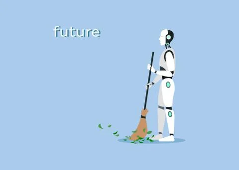 Futuristic cyborg cleaning using broom in light empty background Illustrazione stock