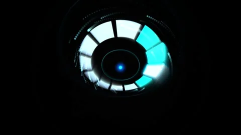 Futuristic cyborg eye interface rotating with blue glowing digital particle.. Stock Footage 345897339