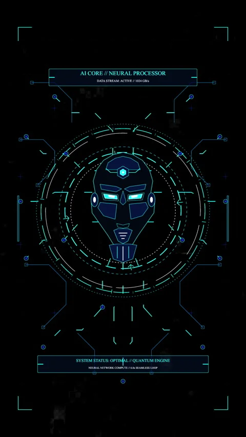 Futuristic cyborg head HUD interface, scanning AI face, digital data Stock Footage 348334565