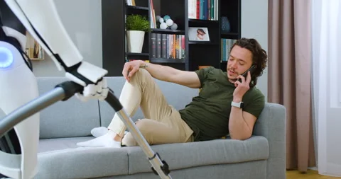 Futuristic cyborg using vacuum cleaner while handsome man lying on comfortable Stock Footage 244137715