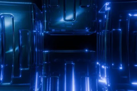 A futuristic, dark blue abstract scene with glowing geometric shapes formin.. Stock Illustration