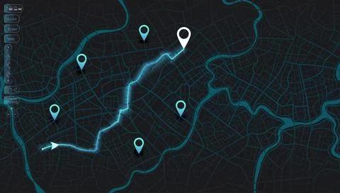 Futuristic Dark Blue City Map Navigation Interface with Glowing Route and HUD Stock-Illustration