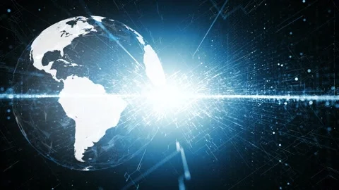 Futuristic dark blue digital network tunnel with earth globe loop rotation Stock Footage 346390624