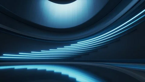 Futuristic dark blue studio with glowing neon lights moving on circular wal.. Stock Footage 332147636