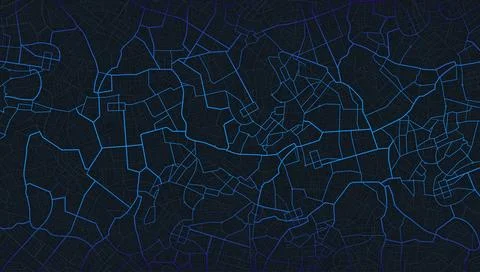 Futuristic dark city map background with blue neon street network. Vector Stock Illustration