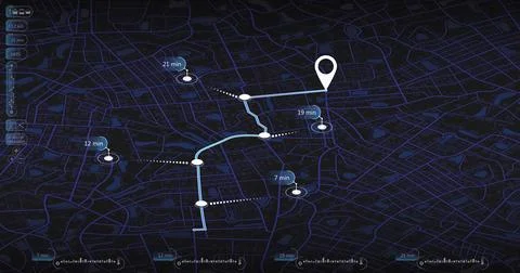 Futuristic dark city map with isometric street navigation, GPS tracking route Stock Illustration