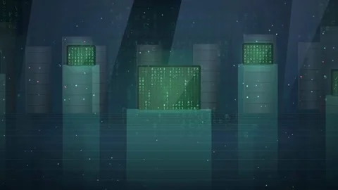 Futuristic Dark Data Center Background with Matrix Code AI Brain and Glitch Stock Footage 341454788
