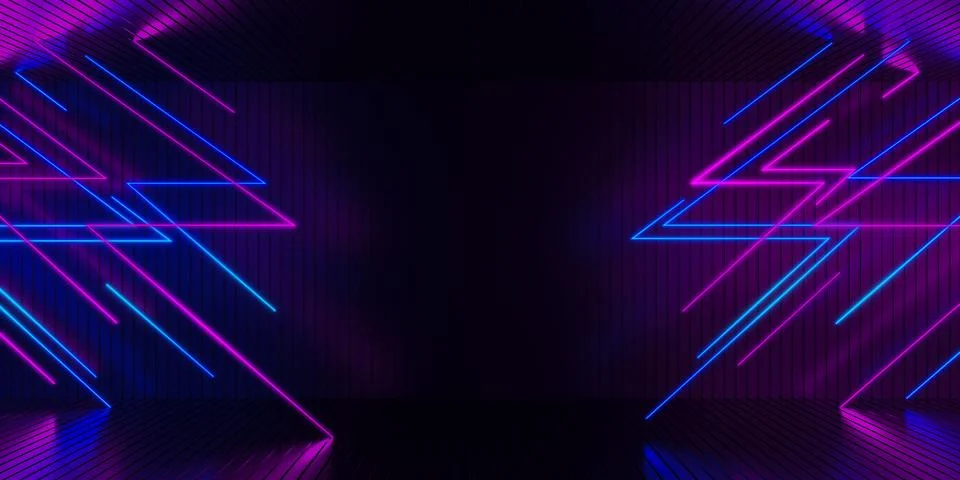 Futuristic dark empty stage with blue pink neon glowing lines with reflecti.. 스톡 일러스트