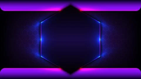 Futuristic dark hexagon frame with glowing blue and purple neon lights on t.. Stock Illustration